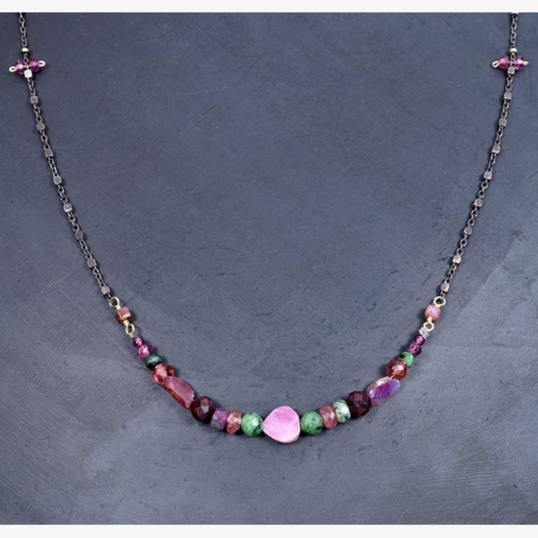 Ruby Zoisite, Pink Sapphire, Garnet, and Pink Tourmaline on Oxidized Silver Chain Necklace