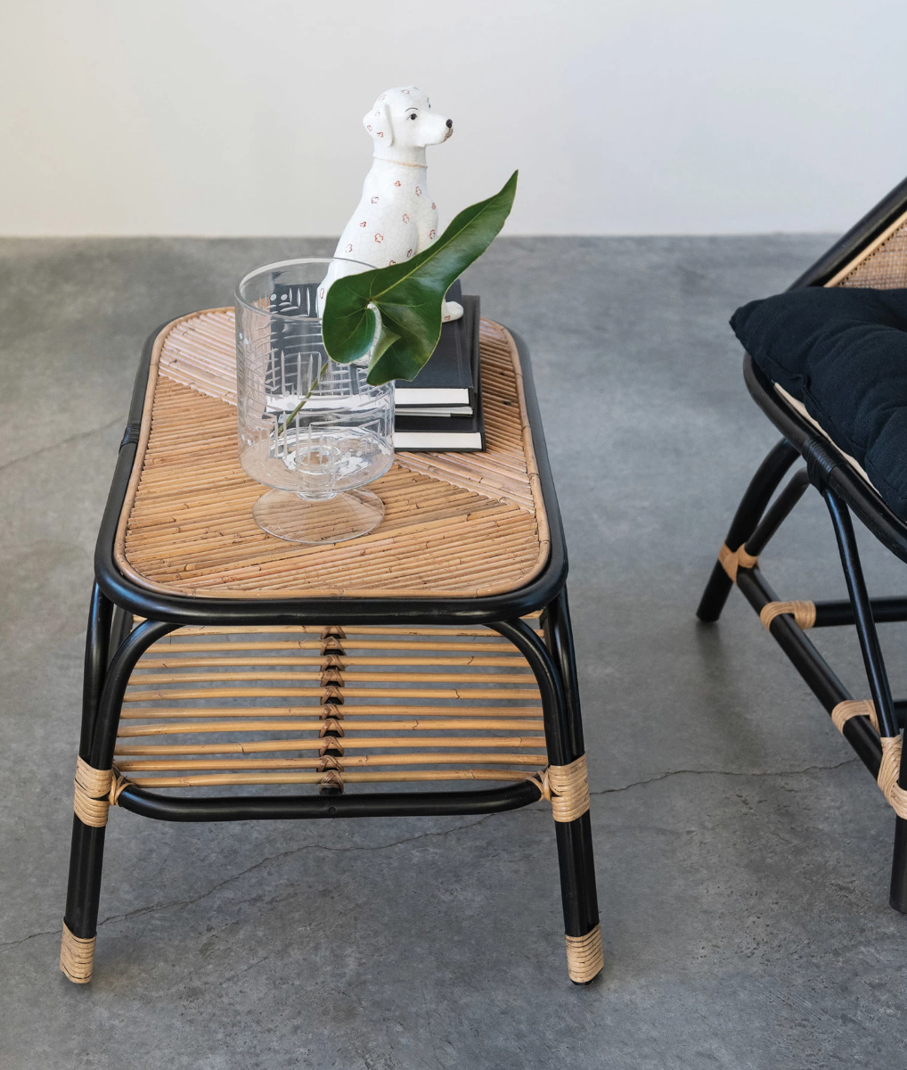 Hand-Woven Rattan Table with Shelf