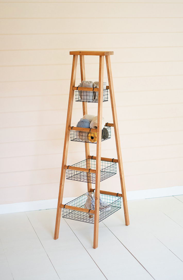 Wooden Ladder with Wire Baskets Display