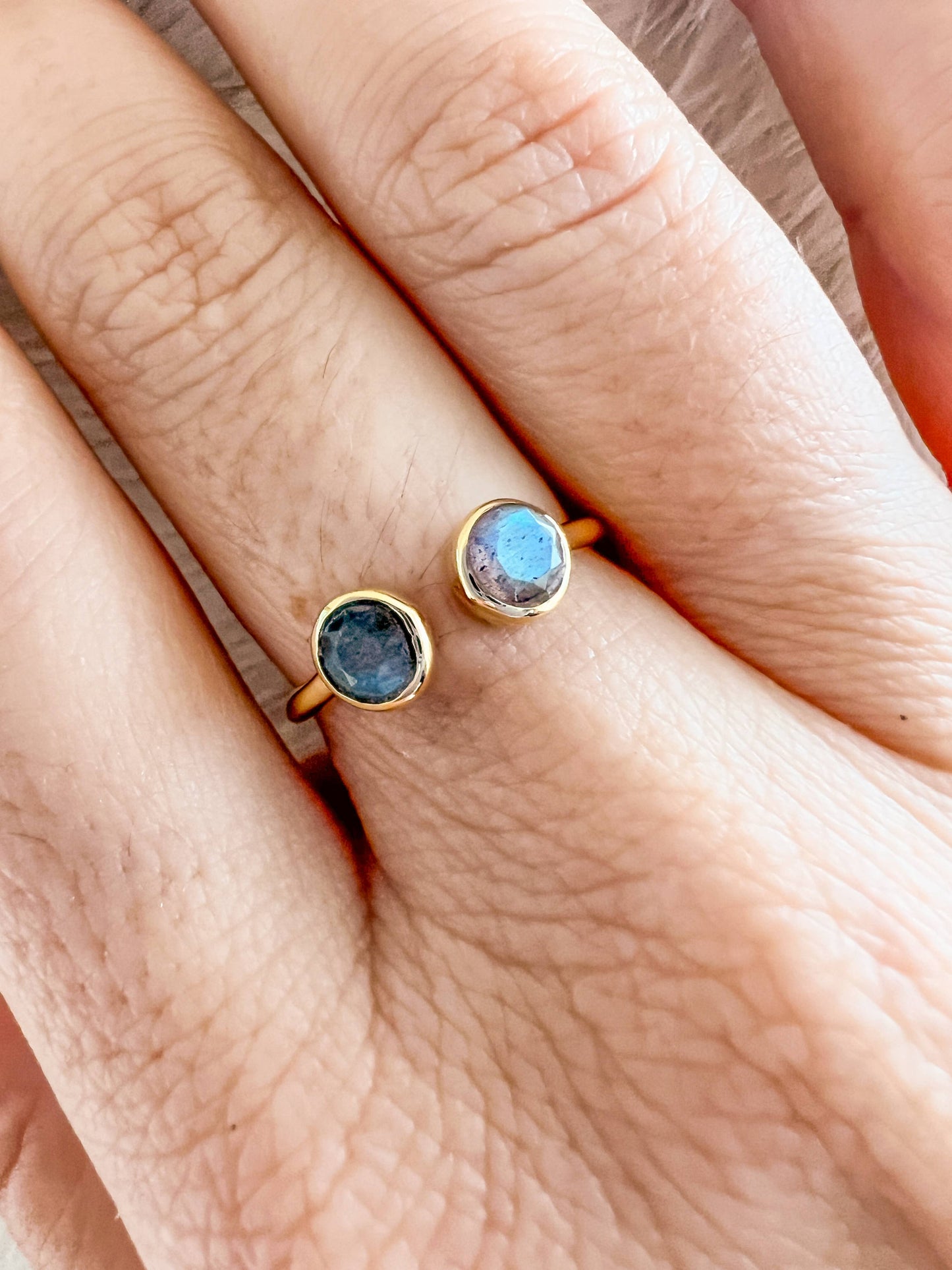 Brass Ring with Double Faceted Labradorite Stones