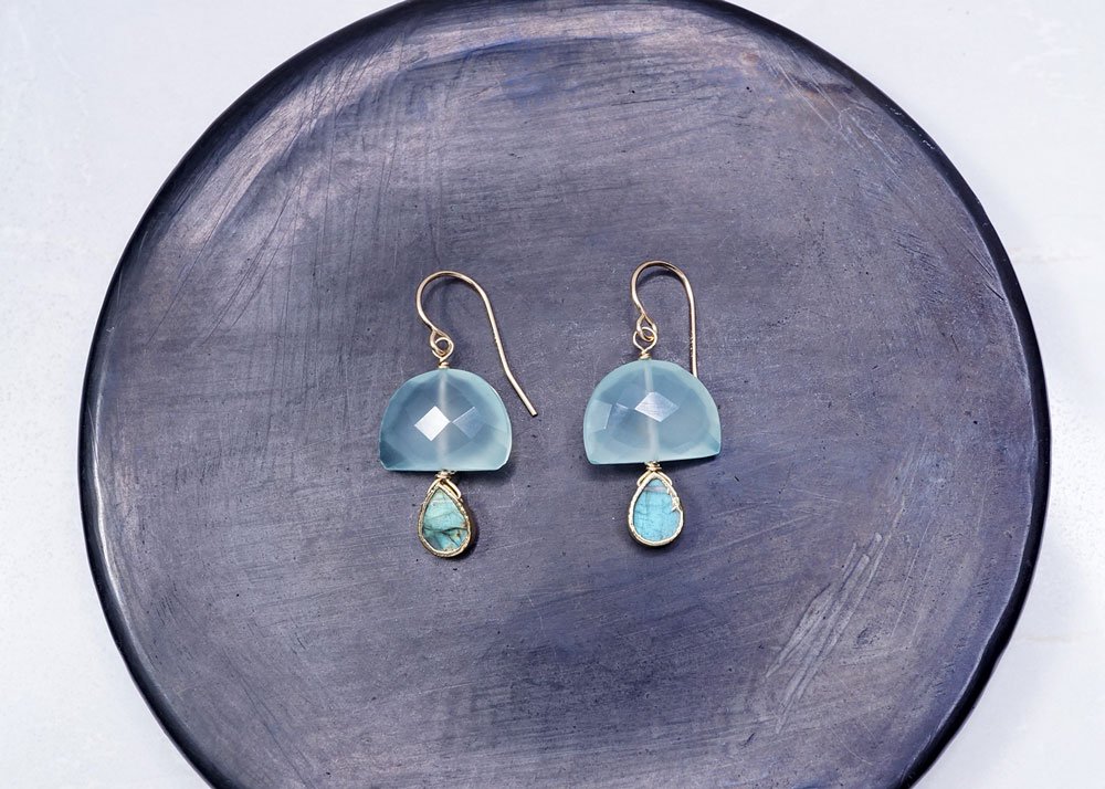 Chalcedony Half Moon with Labradorite Earring