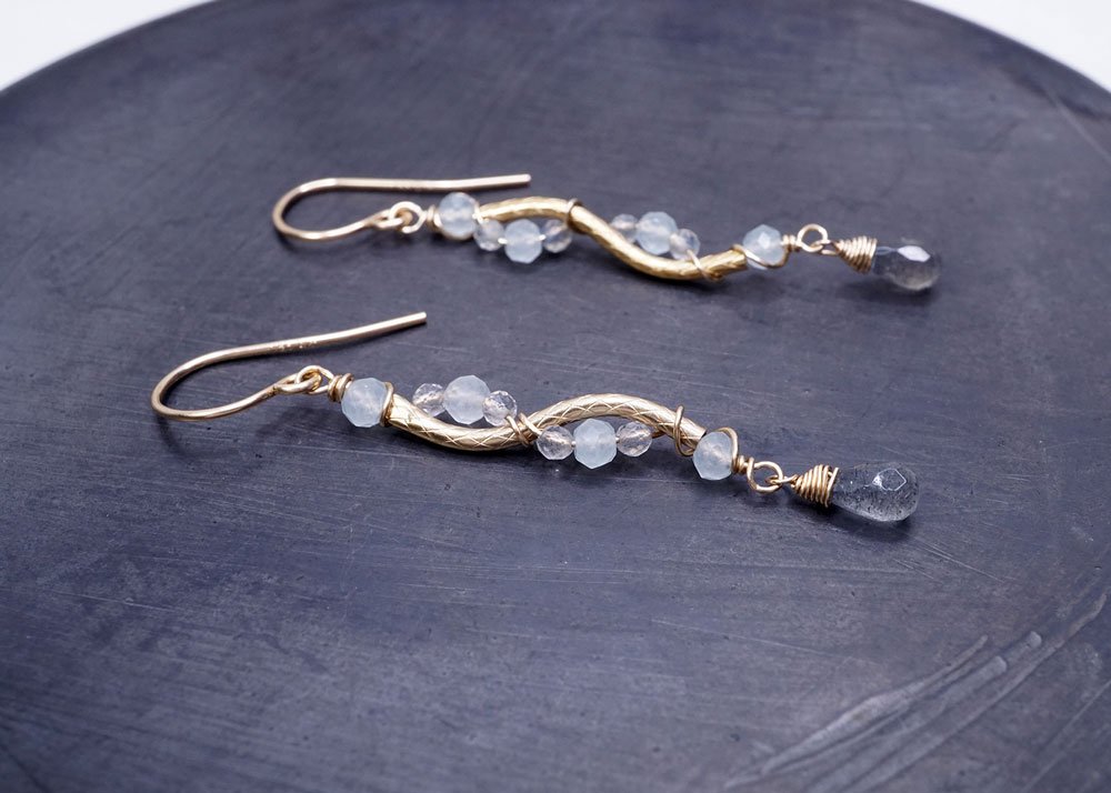 Twisted Gold Tube Wrapped Chalcedony & Labradorite Earring