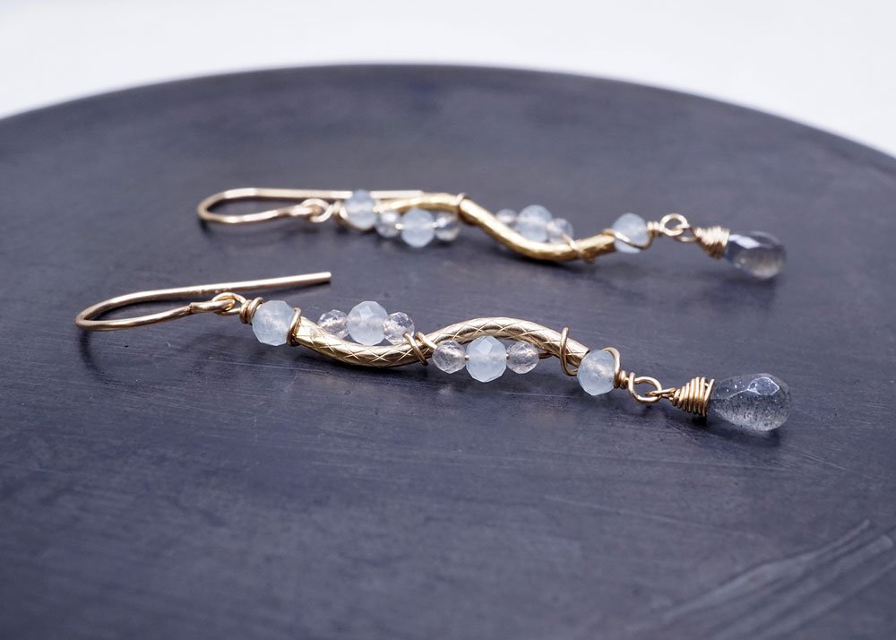 Twisted Gold Tube Wrapped Chalcedony & Labradorite Earring