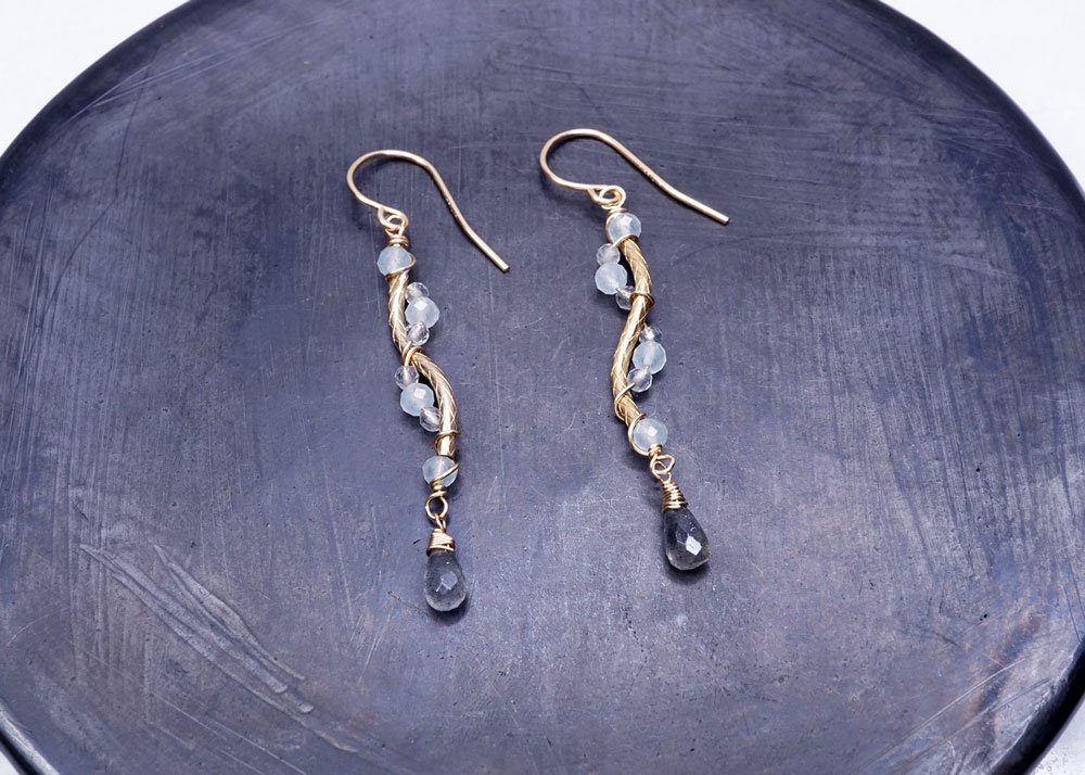 Twisted Gold Tube Wrapped Chalcedony & Labradorite Earring