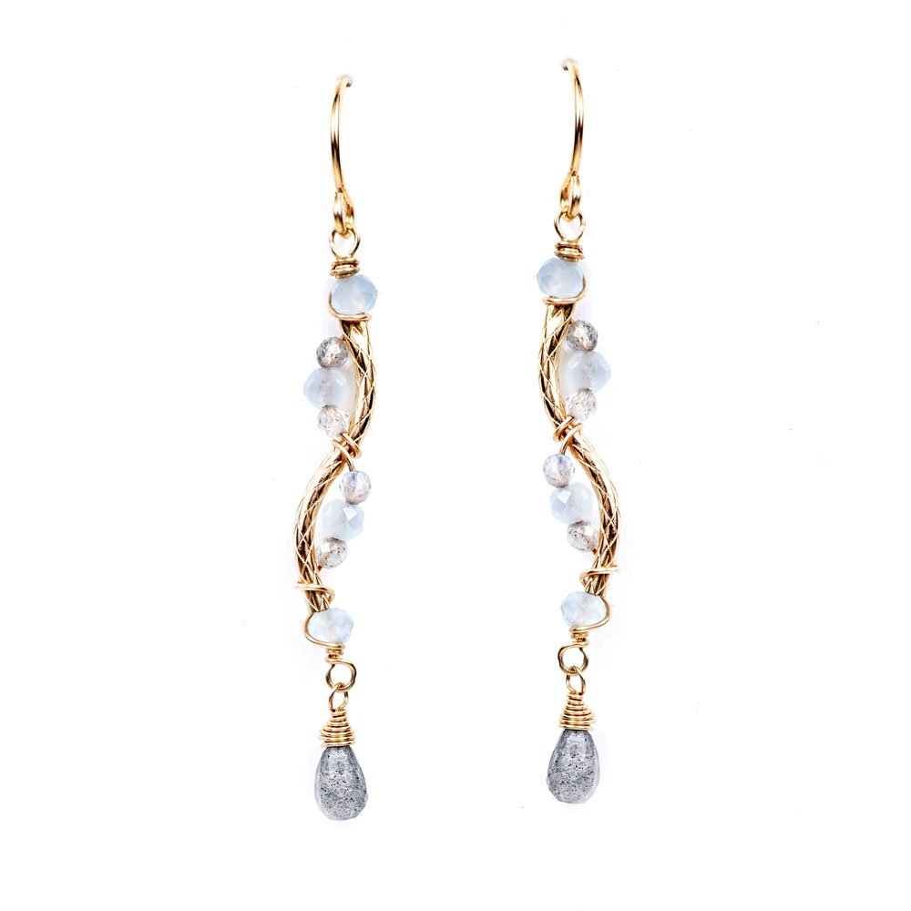 Twisted Gold Tube Wrapped Chalcedony & Labradorite Earring