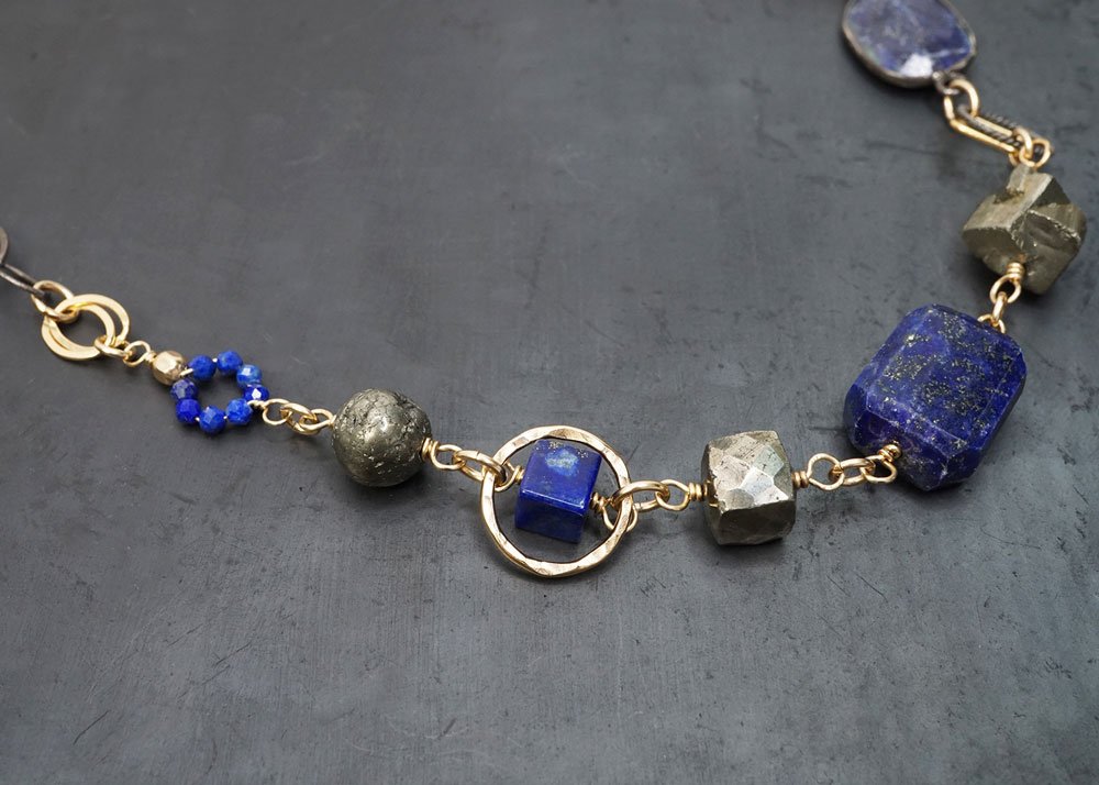 Chunky Lapis, Pyrite Necklace w/ Mixed Oxidized Silver and 14k Gold-Filled Chain