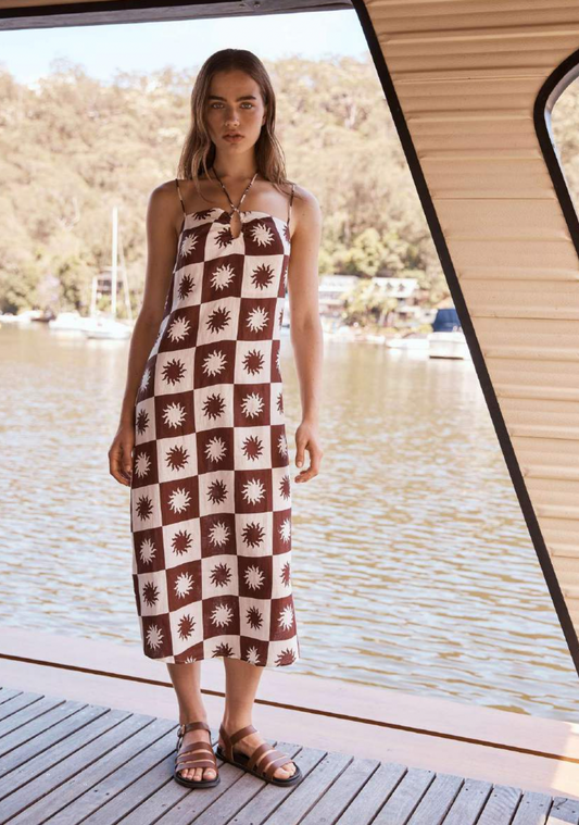 Sun Checker Print Linen Midi Dress