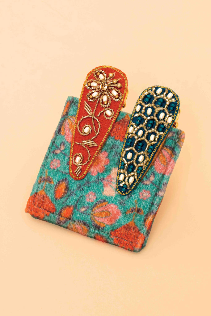 Set of 2 Hair Clips- Hexagon/ Floral Stem