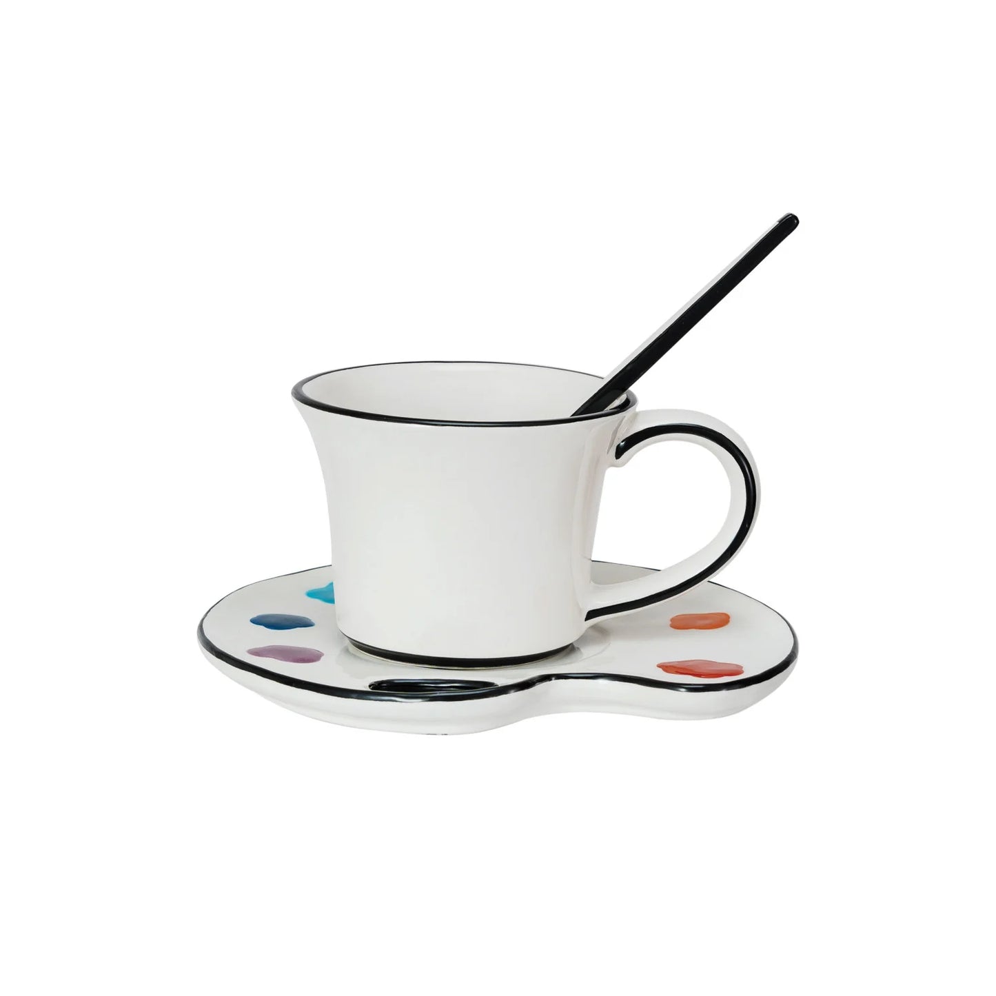 Ceramic Paint Palette Saucer w/ Teacup & Brush Shaped Stirrer Set