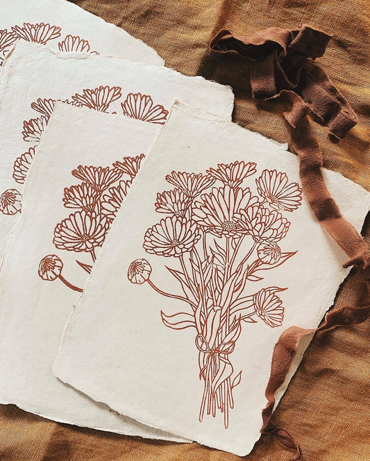 Calendula Block Print on Blush Handmade Paper
