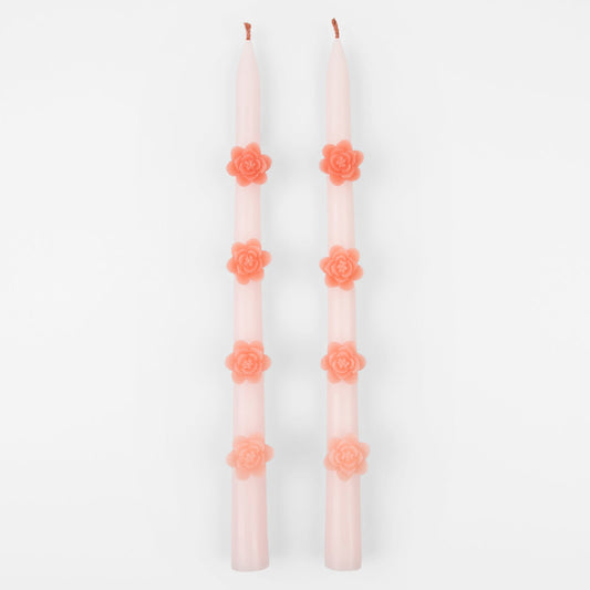 Pink Flower Taper Candles- Set of 2