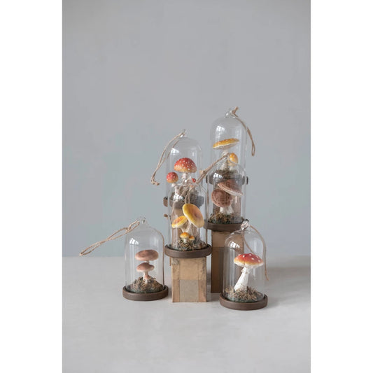 Assorted Glass Cloche Ornament with Resin Mushrooms