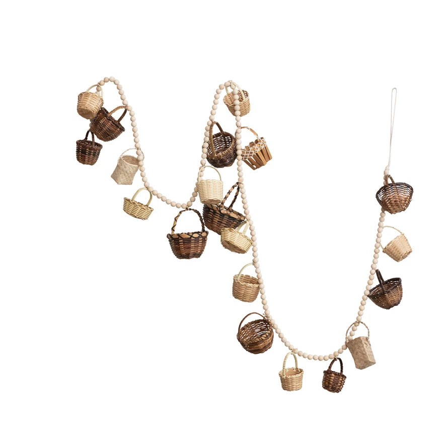 Wicker Garland w/ Mini Baskets & Wood Beads