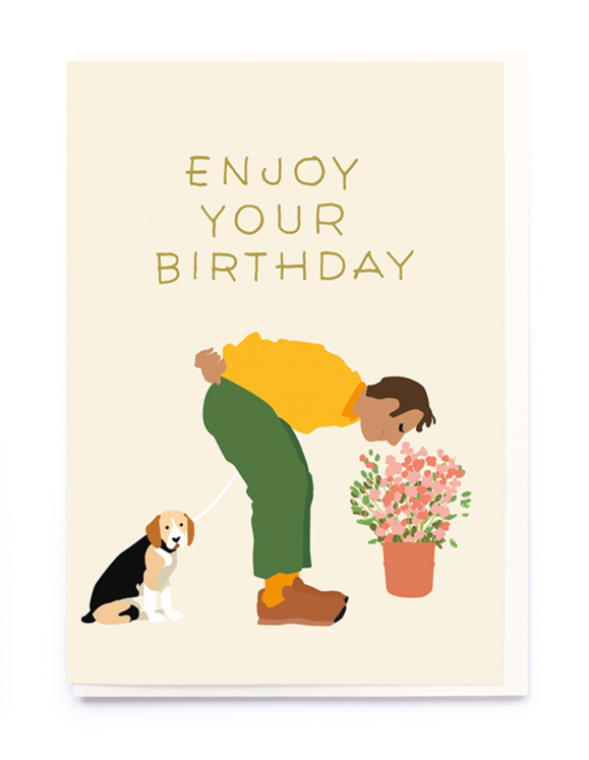 Man Smelling Flowers Happy Birthday Card