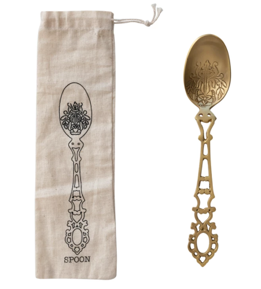 Etched Brass Spoon in Drawstring Bag